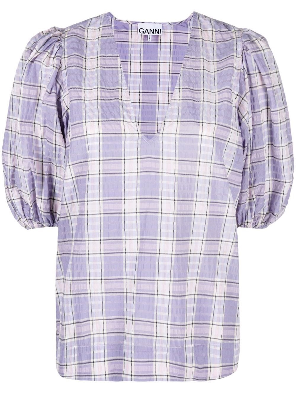 Ganni Lavender Plaid V-Neck Puff Sleeve Tunic